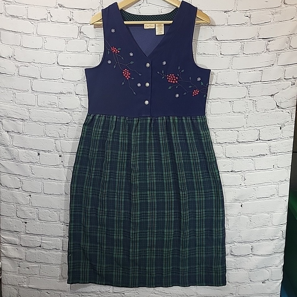 Vintage Jumper Dress Small Sleeveless Plaid Embroidery Blue Green Holiday Maxi